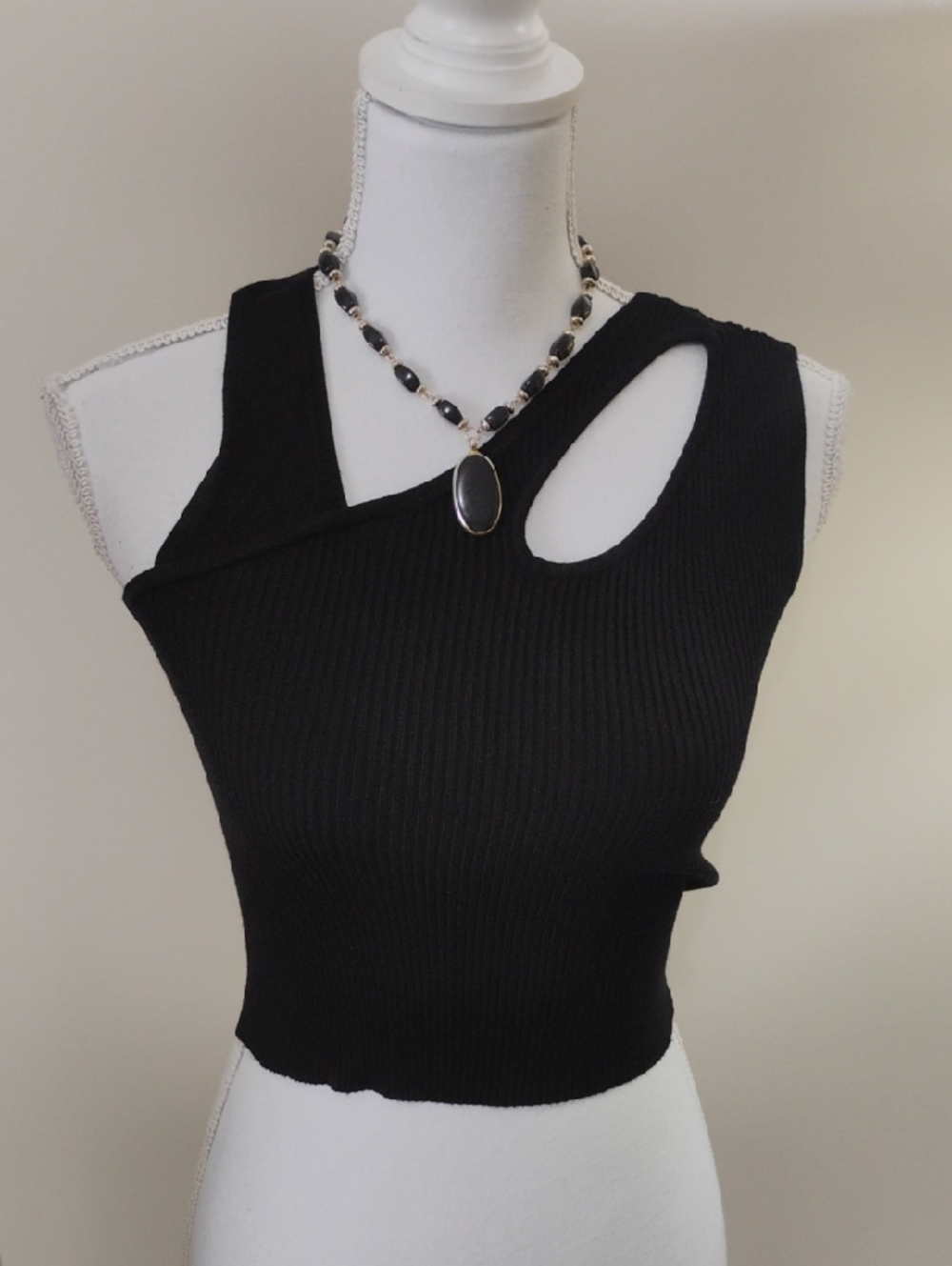 Guess Black Asymmetric Cutout Ribbed Crop Top